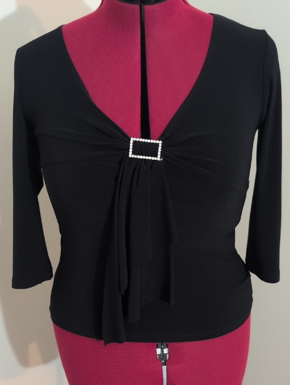 Coin | Vintage 90s Black Women's V-Neck Draped Top with Decorative Buckle